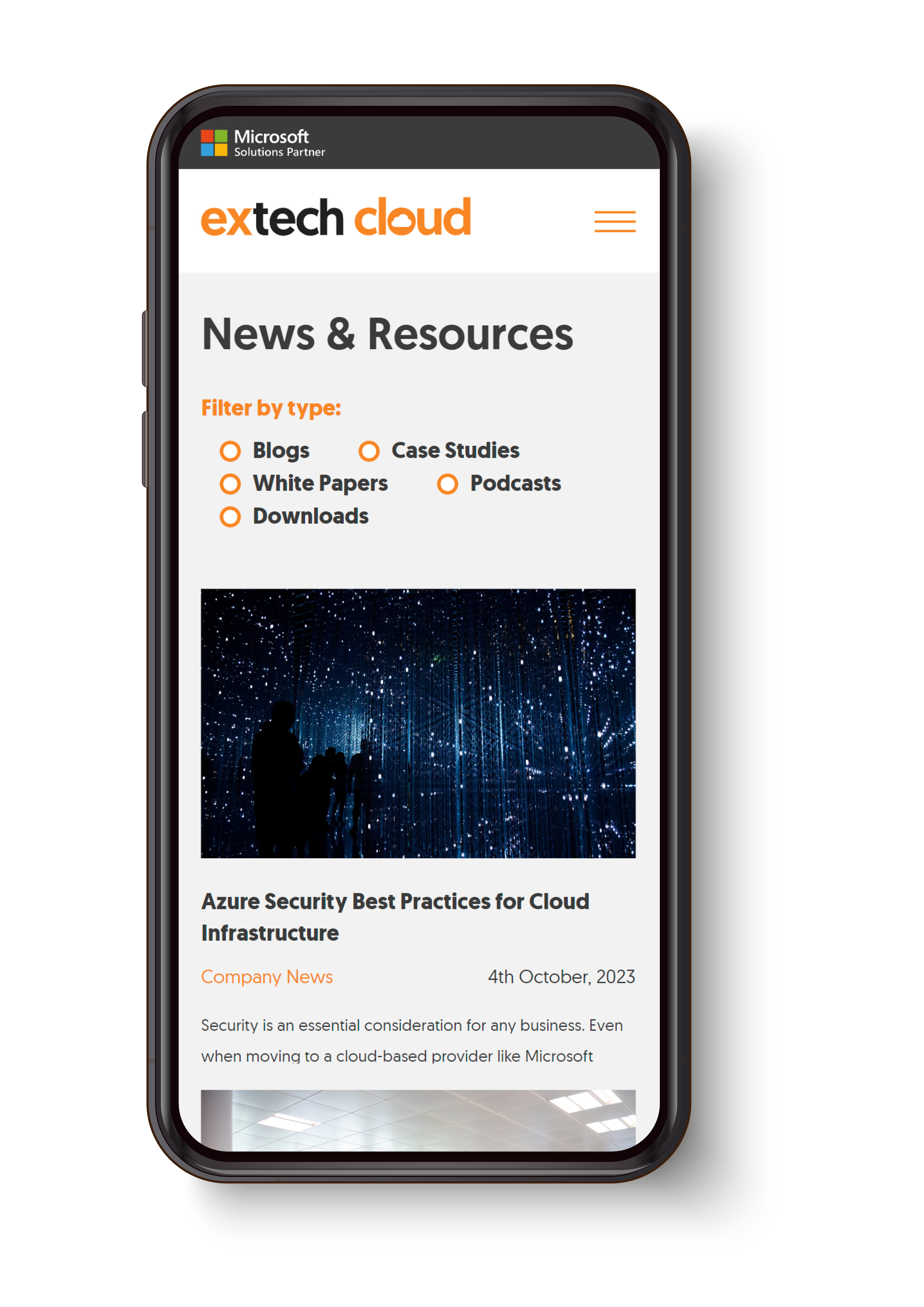 Extech website screenshot in mobile view